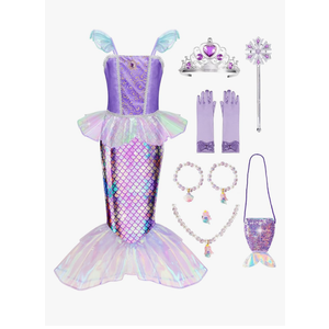 Meland Mermaid Dress - Little Mermaid Costume with Bag for Girls 3-10, Princess Dress Up for Birthday Gift, Halloween Costume 7-8 Years