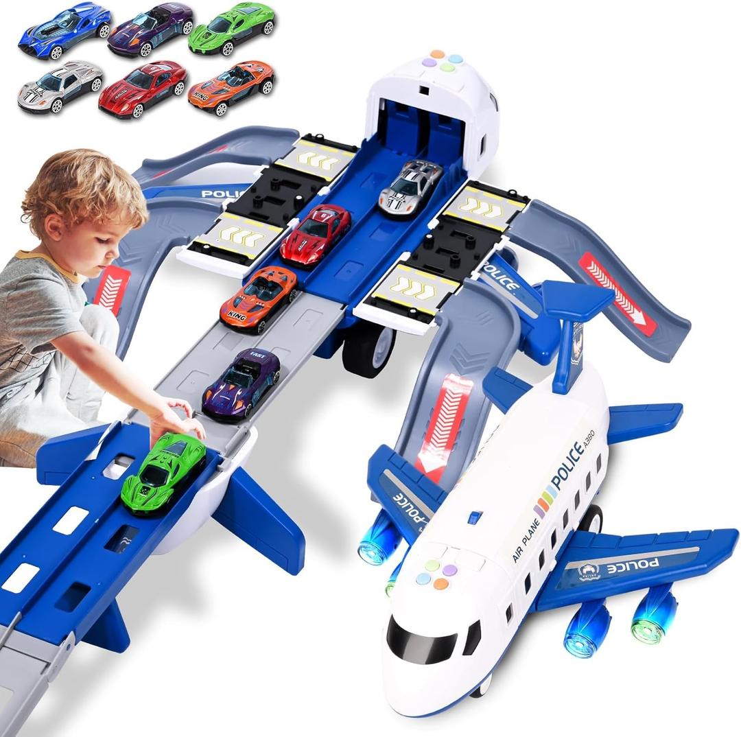 Airplane Race Track Kids Toys with Lights and Sound,Foldable 4 Layer Track Toy Set,Aairplane with Game Mat, Airplane Racing Cars,Christmas Birthday Gifts for Age 3 4 5 6+Years Old Boys Girls (Blue)