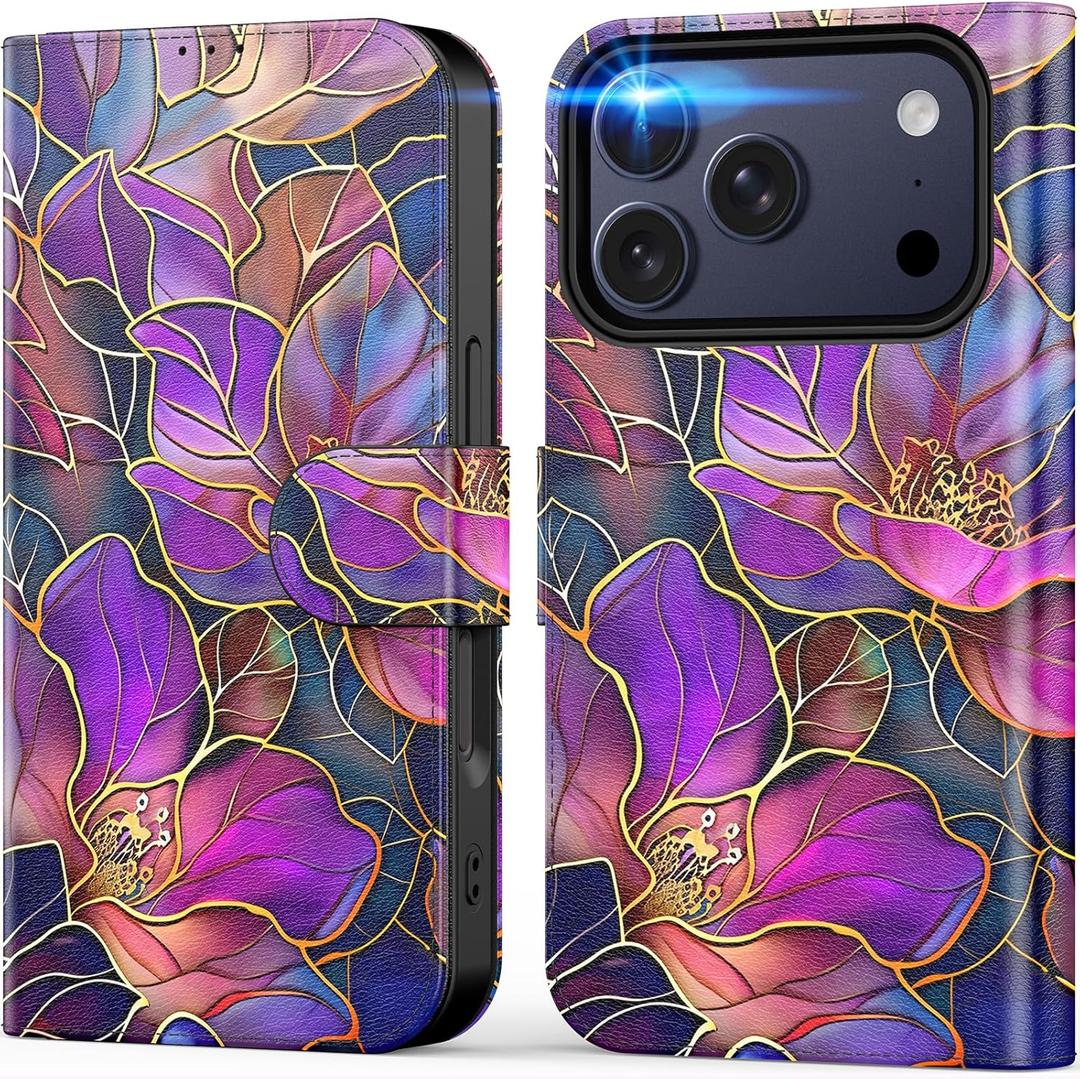DEENAKIN for iPhone 17 Pro Wallet Case with Card Holder + Cash Clip, RFID-Blocking, Military-Grade Drop Protection & UV-Printed Artwork, Magnetic Closure with Leather Stand - Blooming Purple Flowers