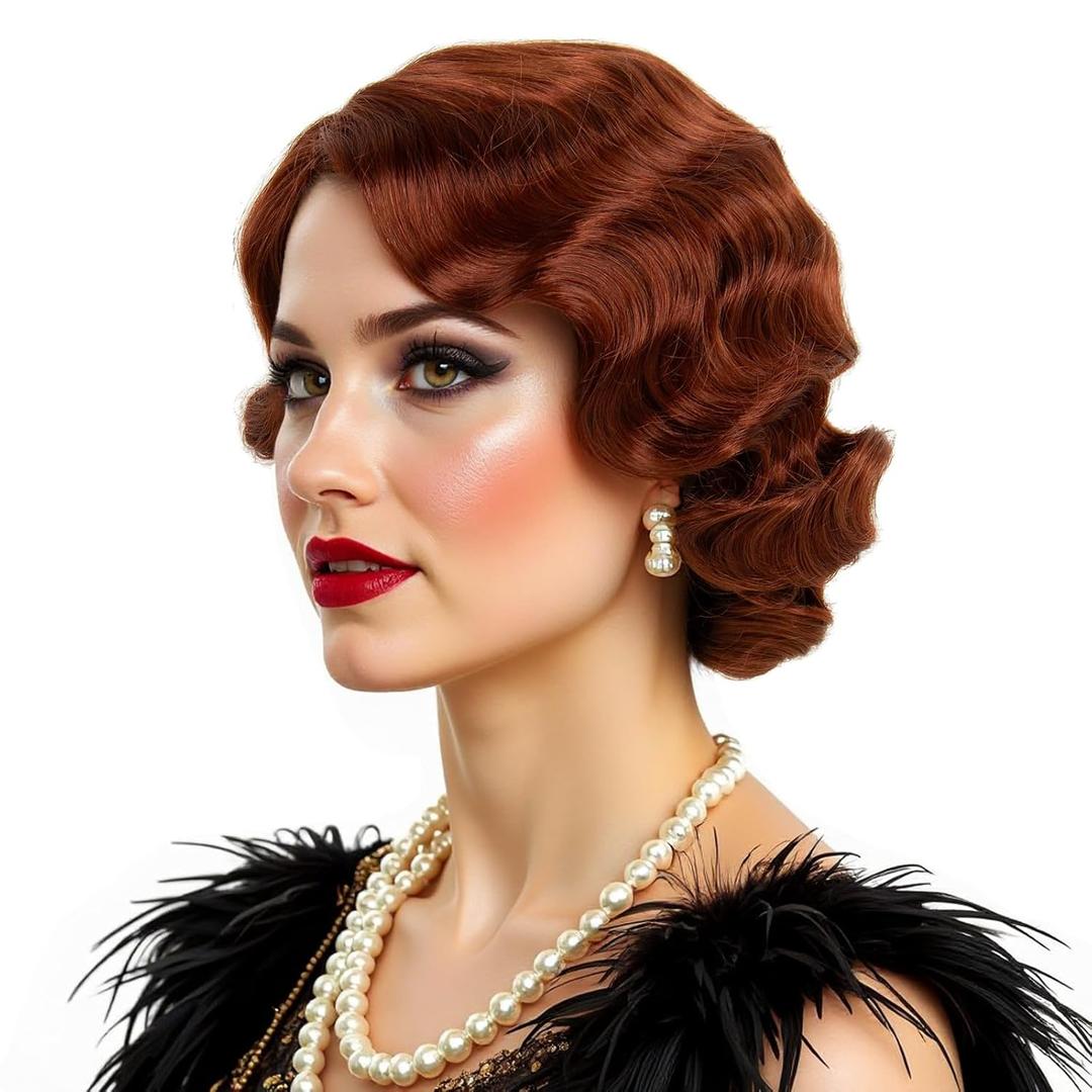 Short Red 1920s Wig for Women Gatsby roaring 20s Finger Wave Party Synthetic Full Vintage Wigs for Womens Lady Cosplay Costume Fancy Dress 1920 Flapper Wig