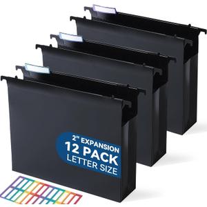 SortRax Plastic Extra Capacity Hanging File Folders, 2" Expanding Pocket, Heavy Duty for Filing Cabinet, Insertable 1/5-Cut Tabs, Letter Size - 12 Pack