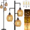 ROTTOGOON Dimmable Boho Floor Lamp - 3 Light Farmhouse Rattan Floor Lamps for Living Room, Tree Floor Lamps with Bohemian lampshades, Rustic Standing Tall Lamps for Bedroom, Office, 68", 6W, Black (Black & Brown 2)