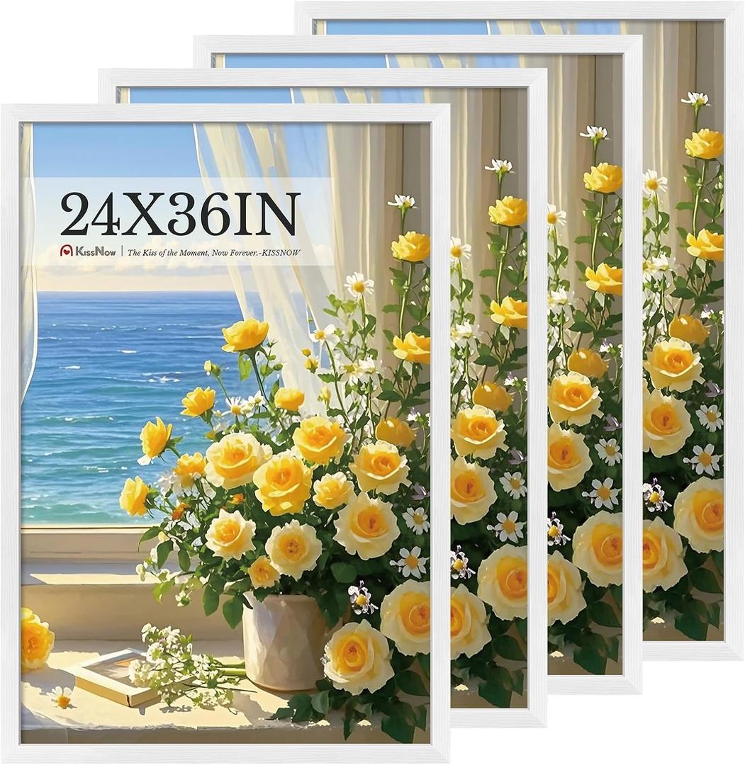 24x36 Poster Frame 4 Pack, Textured White Solid Wood Picture Frame, Wall Hanging