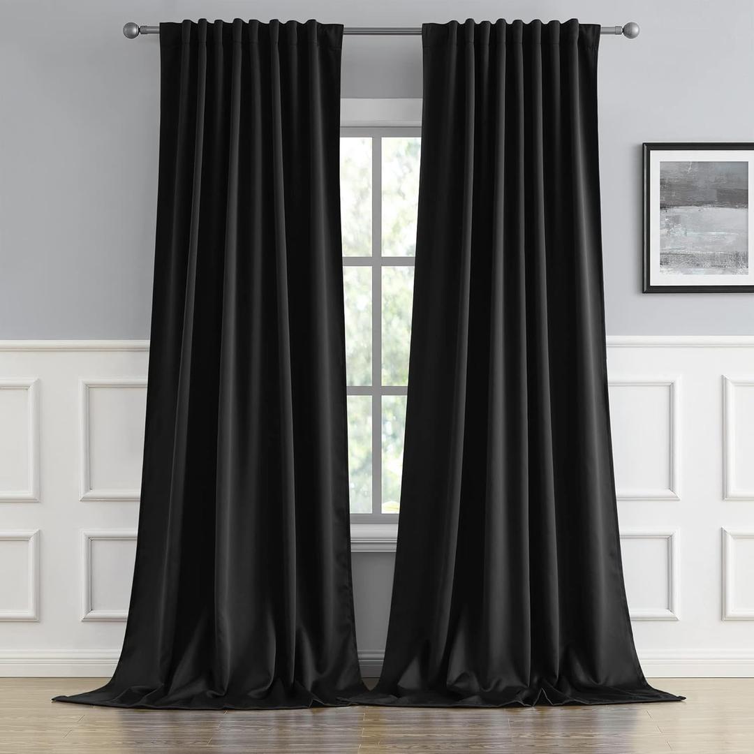 DUALIFE Black Blackout Curtains 105 Inch Long for Living Room, Back Tab and Rod Pocket, Thermal Insulated Room Darkening Drapes for Living Room, 2 Panels 52W x 105L