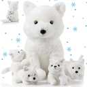 Lenwen 5 Pcs Stuffed Animal Bulk 1 Mommy Plush with 4 Cute Babies Plush Wild Stuffed Animal Toy for Boys Girls Birders Zoo Gifts (White Wolf)