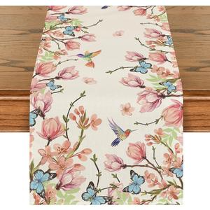 Artoid Mode Flowers Bird Butterfly Spring Table Runner, Seasonal Kitchen Dining Table Decoration for Home Party Decor 13x72 Inch