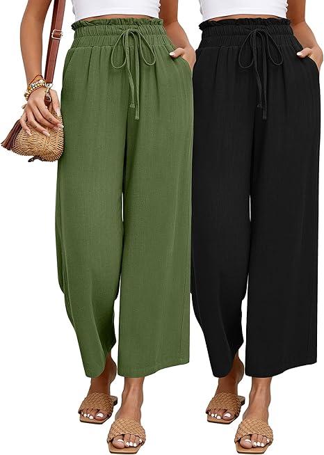2 Pcs Women's Wide Leg Pants, Casual Linen High Waisted Cropped Trousers with Pockets Drawstring Loose Palazzo Pants,XXL