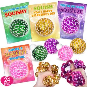 SpringFlower 24 Pack Valentines Day Card,Valentines Day with Squeeze Stretch Fidget Toy Ball,Kids School Classroom Valentines Card Gifts Exchange Valentine Party Favors Prize for Kids