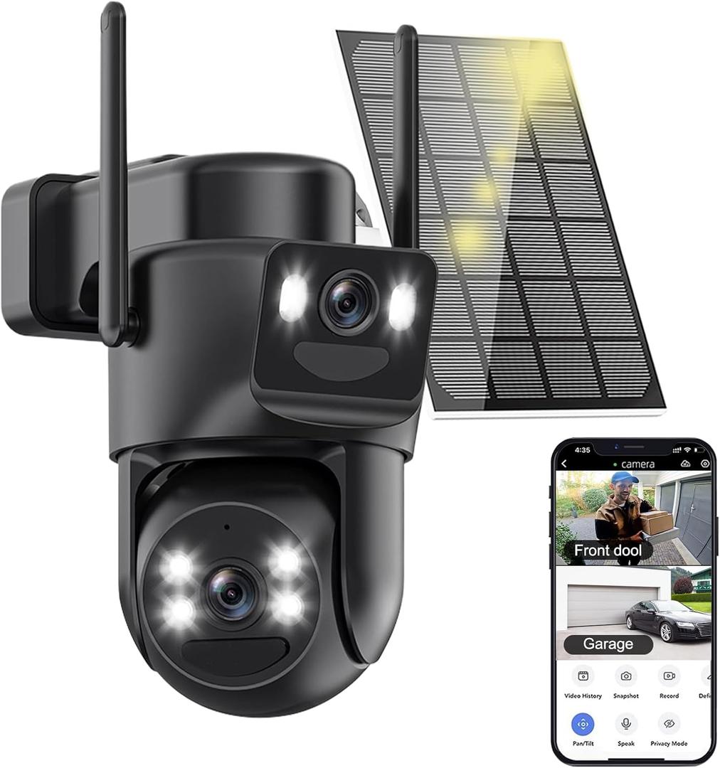 4K Solar Security Cameras Wireless Outdoor, 2.4G/5Ghz WiFi Cameras for Home Security, Dual Lens Solar Camera with Auto Tracking, Human Detection, Color Night Vision, Spotlight Siren,Alexa (1 Pack, Black)