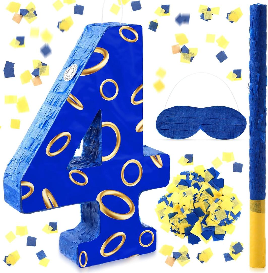 Simgoing Number 4 Blue and Golden Rings Piata for Kids Birthday Cartoon Theme Small Piata with Blindfold Stick Confetti for Fiesta Cinco De Mayo Party Decor, 15.8 x 11 x 2.8 Inch