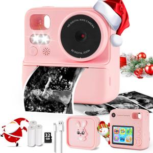 Kids Camera Instant Print with Silicone Cover, Dual Front and Rear Digital Cameras Toy for Toddler, Birthday for Boy Girl 3 4 5 6 7 8 9 10 11 12 Years Old (Pink)