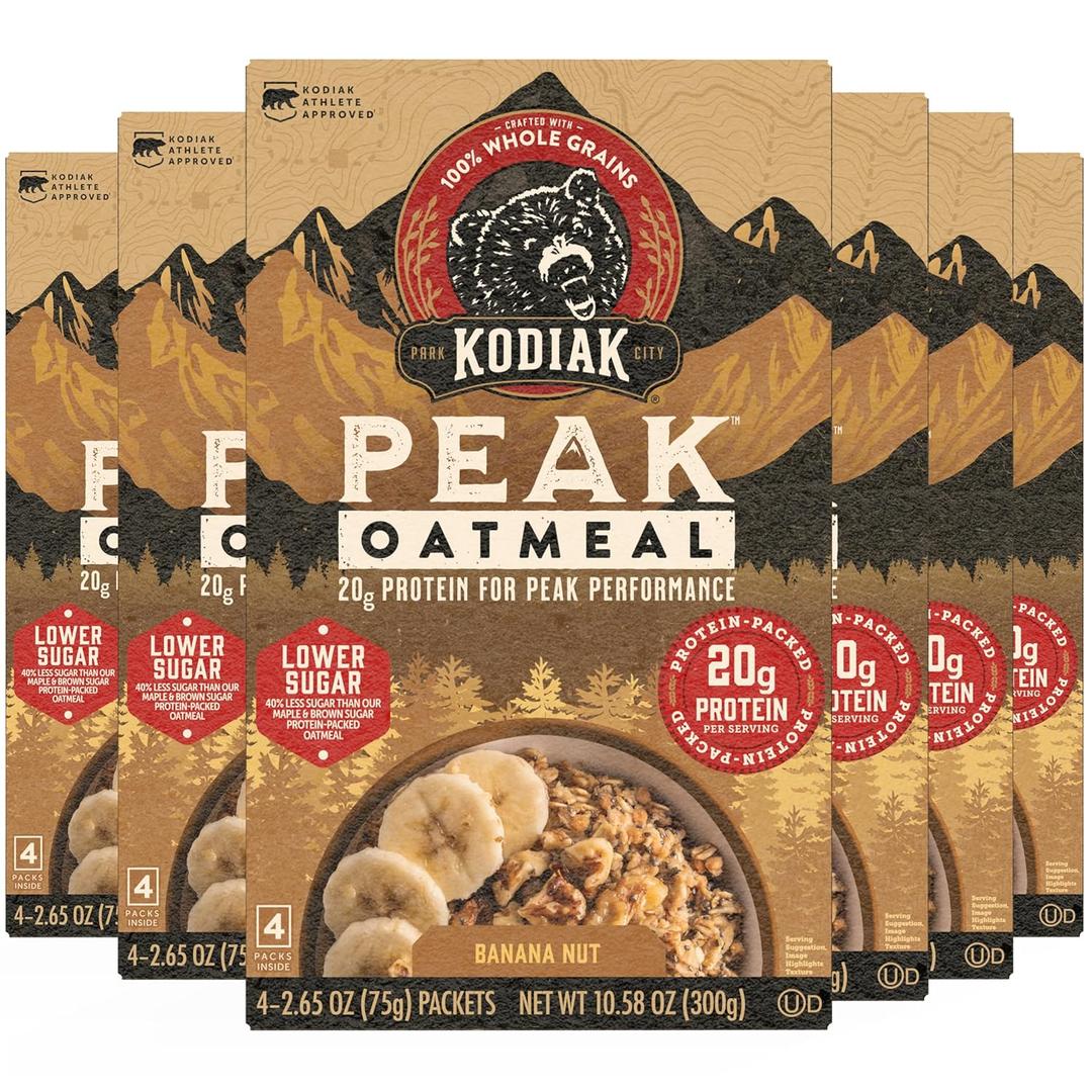 Kodiak Cakes Peak Instant Oatmeal Packets, Banana Nut, High Protein,100% Whole Grains, 6 box with 4 packets each (Total of 24 packets), BBD May 10, 2027