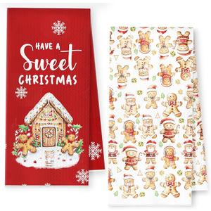 Christmas Gingerbread Kitchen Towels, Ginger Bread Man Red Christmas Dish Tea Towels for Bakery Kitchen, Winter Snowflake Decorative Hand Towel for Bathroom, 16x24 Inch Set of 2
