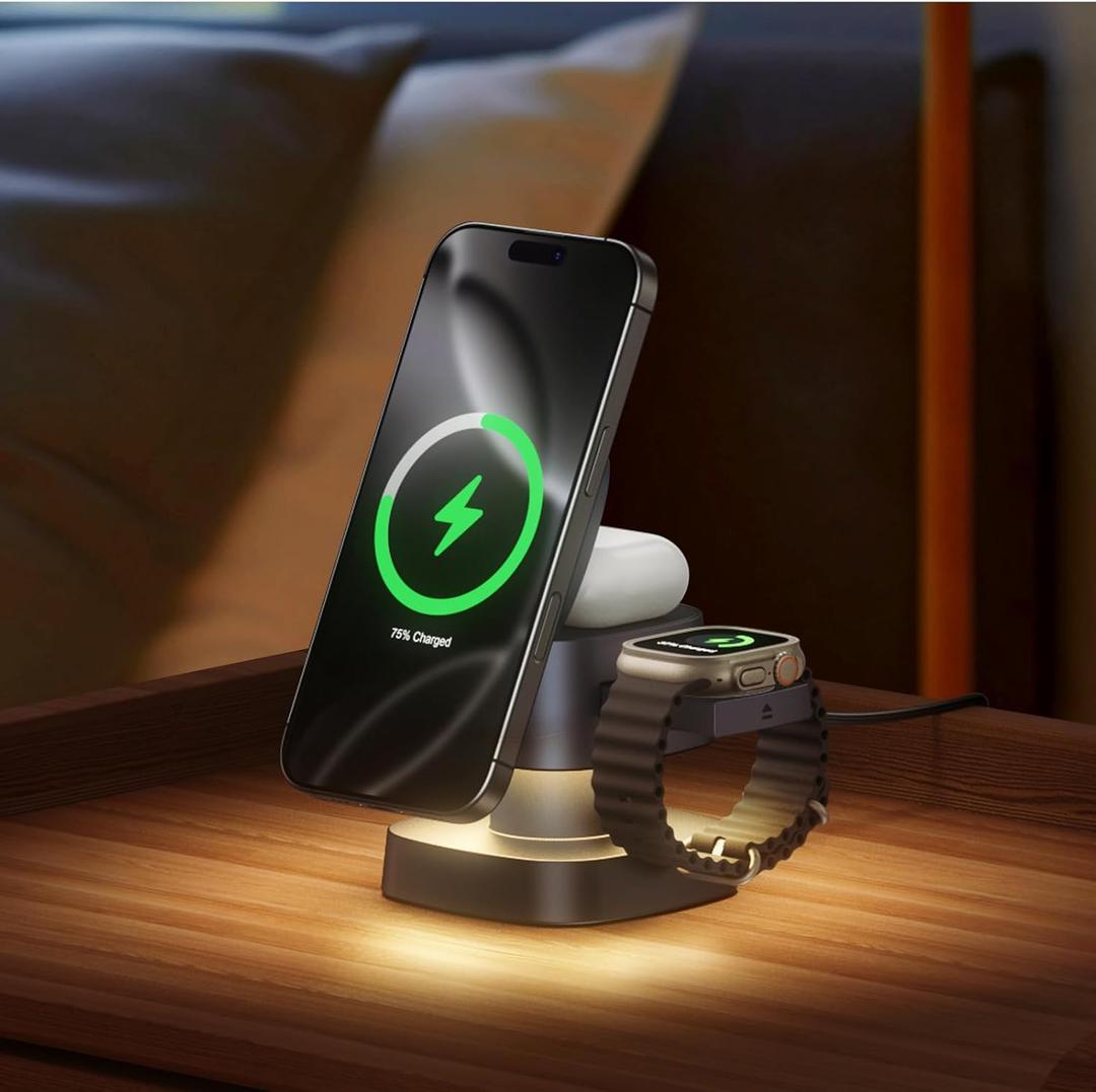 2026 Upgraded4 in 1 Wireless Charger, 3 in 1 Wireless Charging Station with Night Light for MagSafe Charger, 15W Magnetic Travel Stand for iPhone17/Air/Pro/Max/16/15/14, Apple Watch, Airpods (Gray)