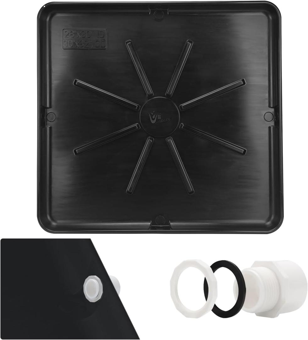 Heavy Durable Plastic Washing Machine Drain Pan Size 30X32 Including 1" Drain Fittings (Black)