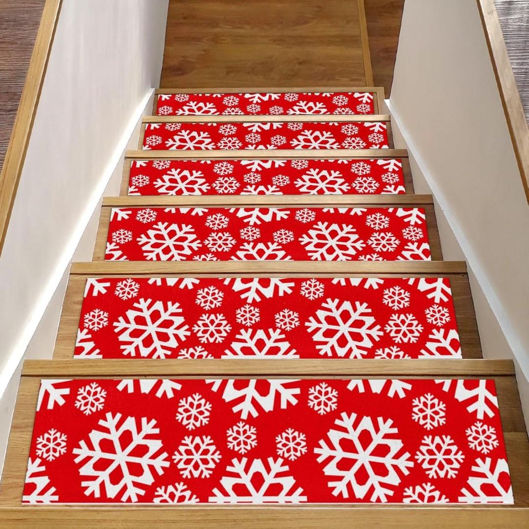 Christmas Stair Treads for Wooden Steps Non Slip Carpet Stair Treads Indoor Stair Runner Snowflakes Stairs Decoration Safety Mats for Elder Dogs Holiday Capet Runner for Stairs (Pack of 15) (30x8in/76x20cm)