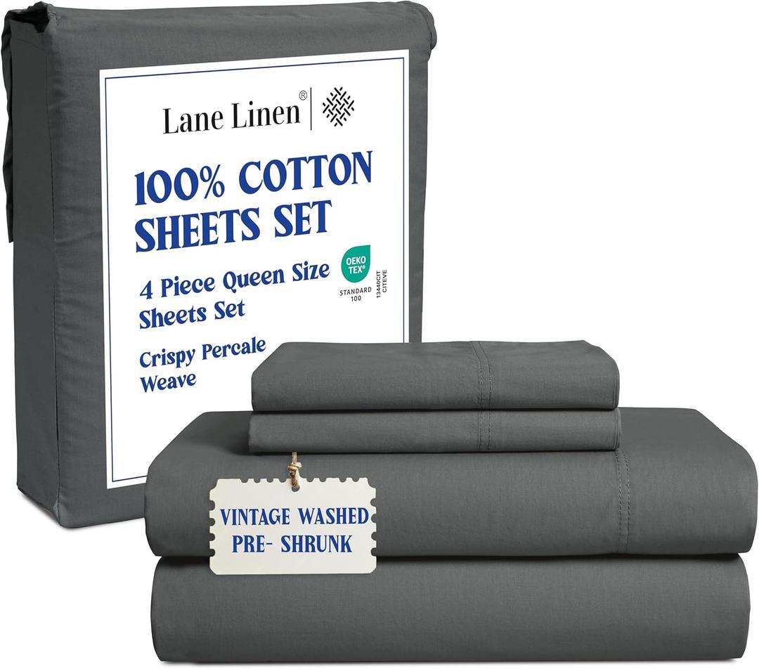 LANE LINEN Queen Sheet Set  Long-Staple 100% Cotton, Pre-Shrunk Bed Sheets in Crisp Percale Weave, Made for Everyday Luxury & Soft Comfort Sleep, Low Pill, 15 Deep Pocket Queen Sheets  Charcoal