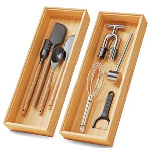 Bamboo Kitchen Drawer Organizer Boxes – 14" x 5" Stackable Wood Silverware Utensil Tray for Drawers, Cutlery & Flatware Storage – Wooden Organizers Set of 2 for Junk Drawer Bins, Bathroom, RV