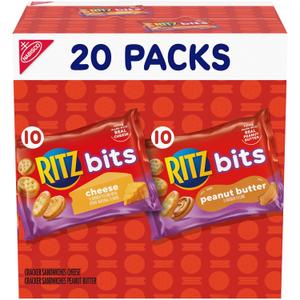 RITZ Bits Cheese and RITZ Bits Peanut Butter Sandwich Crackers Variety Pack, Lunch Snacks, 20 Snack Packs (BB: August 13, 2026)