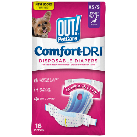 OUT! Pet Care Disposable Female Dog Diapers | Absorbent with Leak Proof Fit | XS/Small, 16 Count