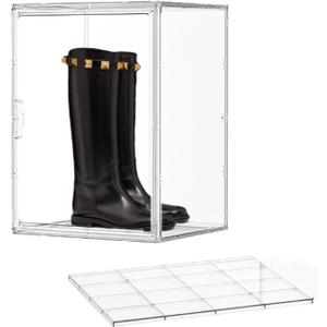 Acrylic Display Case with an Adjustable Divider, 2 Tiers XXX-Large Boot Shoe Storage Boxes Clear Plastic Stackable Storage Bin with Lids Super Large Clear Display Box for Shoes, Collectibles