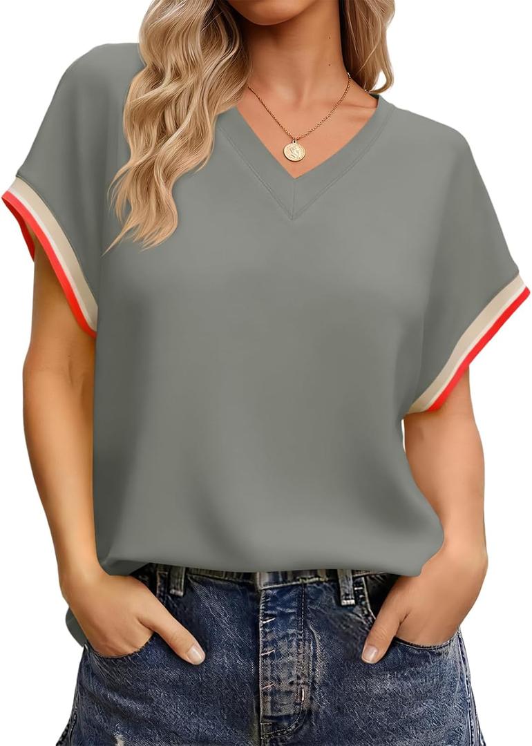 Tankaneo Womens V Neck Oversized Tops Short Sleeve Color Block Tee Shirts | Summer Casual Tops, Loose Fit T Shirts, Baggy Shirt, Half Sleeve (L)