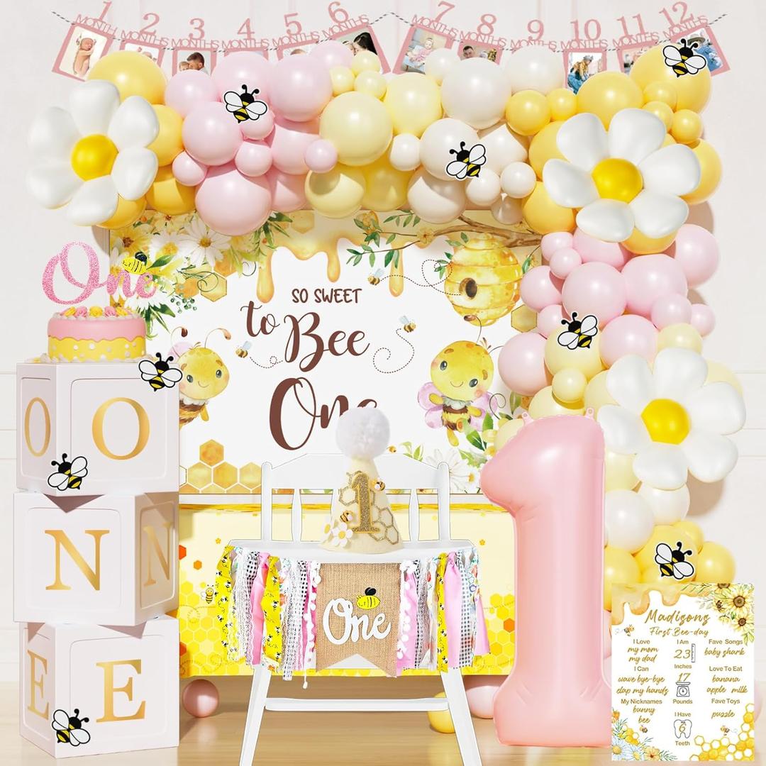 First Bee Day Decorations Girl 108PCs Honey Bee Themed 1st Birthday Party Supplies with So Sweet to Bee One Backdrop, Banner, Pink Yellow Balloon Garland Kit, Tablecloth