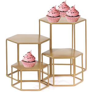 MinWadil Metal Display Risers, Set of 4 Brass Hexagonal Nesting Buffet Riser Set, Modern Brass Buffet Display Stands for Food, Food Display Risers for Buffet Cupcake Small Potted Plants
