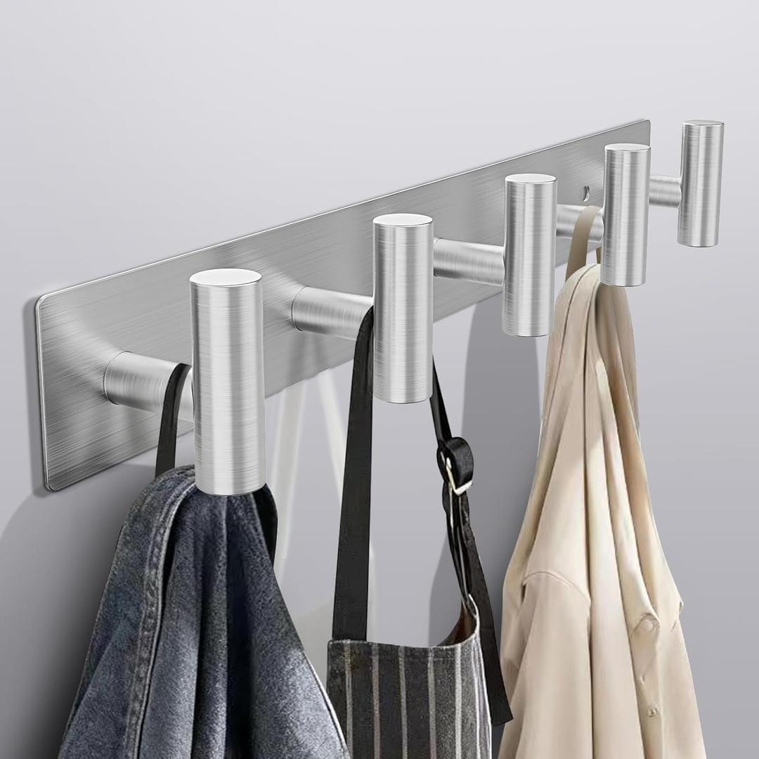 Coat Rack Wall Mount, Towel Racks for Bathroom with 5 Coat Hooks for Robes Bags Keys, Hat Rack for Wall Towel Hooks for Bathroom, Home Organizer Essential (Silver)