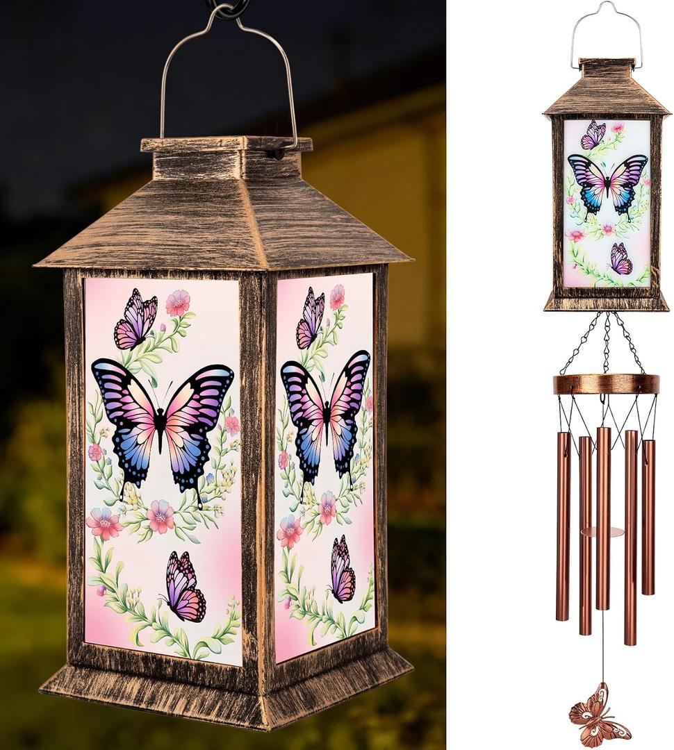 YHmall Wind Chimes for Outside, 37" Hanging Solar Windchimes Outdoors Memorial Butterfly Gifts for Women Mom Grandma, Solar Lanterns Wind Chimes for Home Patio Yard Garden Decor