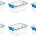 Sterilite 7.5 Qt Gasket Box, Stackable Storage Bin with Latching Lid and Tight Seal, Plastic Container to Organize Basement, Clear Base, Lid, 6-Pack