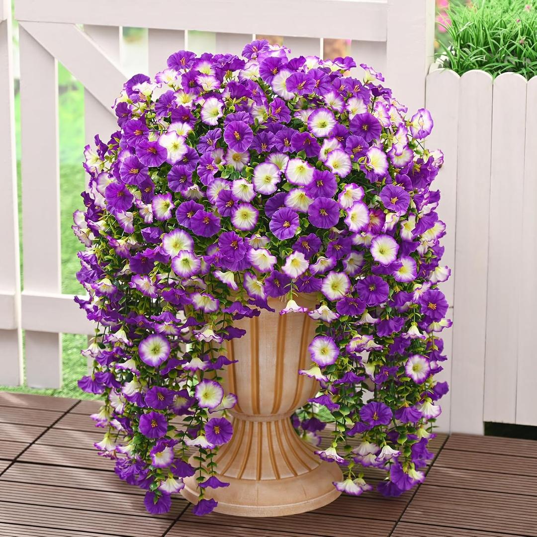 Dolicer 8 Packs Look Real Artificial Flowers for Outdoors, Fake Artificial Hanging Flowers for Outdoors Realistic UV Resistant Hanging Flowers Silk Petunia Faux Flowers for Porch Patio (Mixed Purple)