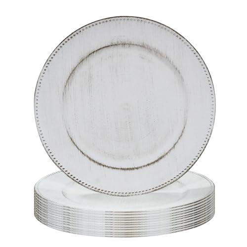 MAONAME 13" Round Charger Plates Set of 12, Antique White, Plastic for Dinner Plates, Beaded Table Chargers for Wedding, Party