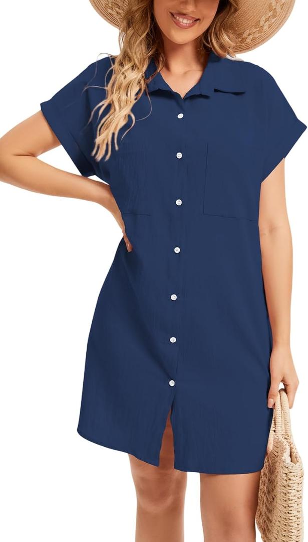 Cocoinsity Women's Casual Cotton Linen Dress Button Down Short Sleeve V Neck Loose Dress Summer Tunic Mini Dresses (Blue, S)