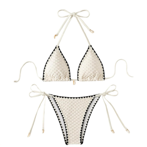 Women's 2 Piece Triangle Beach Bikini Sets Color Block Halter Swimsuit Bathing Suit , Large, Beige