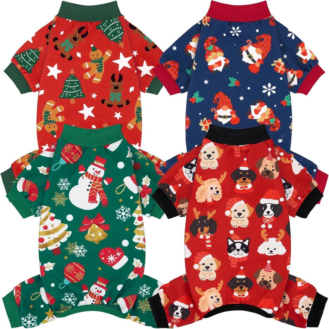 XPUDAC 4 Pack Dog Christmas Pajamas Stretchy Dog Clothes for Small Medium Dogs Girl Boy Christmas Puppy Outfit Pet Jumpsuits Pjs Winter Cat Costume, XS