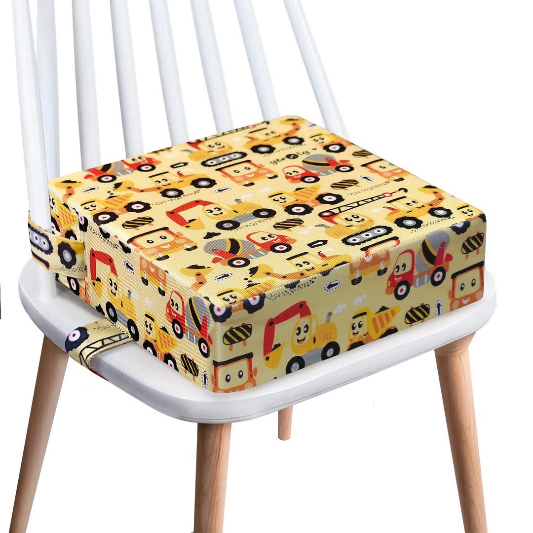 Toddler Booster Seat for Dining Table,4 Inches Washable Double Safer Straps Non-Slip Bottom Booster Seat Dining for Kids, Portable Travel High Density Sponge Detachable Increasing Cushion for Child (Yellow-Engineering vehicle)