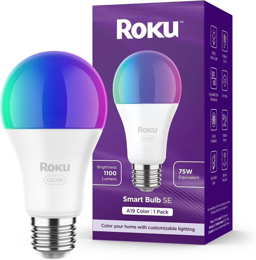 Roku Smart Light Bulbs (Color, 1-Pack) - Dimmable A19 Color Lightbulbs with Adjustable Brightness & Temperature - WiFi Smart Bulbs Works with Roku Voice, Alexa & Google Assistant - Smart Home Products