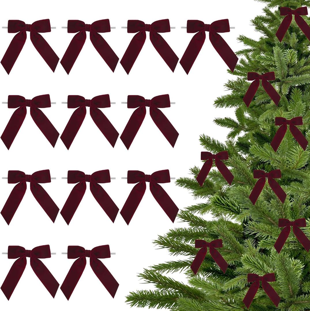 3.5" Burgundy Ribbon Pretied Bows Christmas Premade Bows, Dark Red Velvet Ribbon Bows with Twist Ties for Wreaths, Christmas Tree, Treat Bags, Gift Wrapping, Party Favor, Crafts-12 Counts