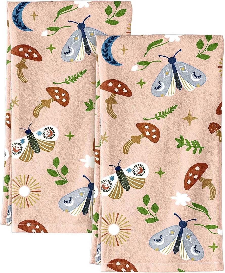 Flour Sack Kitchen Towels - Set of 2 Cotton Dish Towels with Hanging Loop Decorative 16x26 Inch Absorbent Cute Design for Housewarming Gifts, Shroom Butterfly