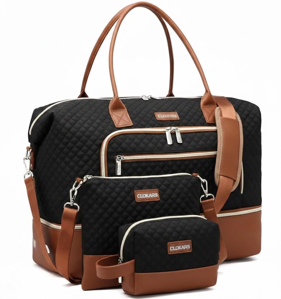 CLOKARS Weekender Bags for Women, Travel Duffle Bag Carry On Overnight Bag with Cosmetics Bag and Crossbody Purse for Gym Hospital, Gifts for Women, Black Brown
