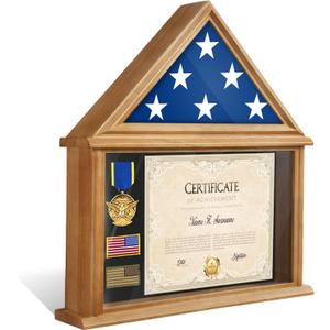 ASmileIndeep Flag Display Case Box for Folded 3'x5' American Veteran Flag Solid Wood Military Flag Certificate Shadow Box with Wall Mount Display Flag Frame Holder for Badges Medals (Walmut)