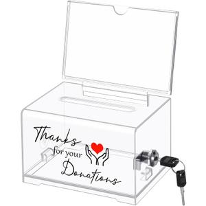 Havawish Clear Donation Box with Lock, 6.3 x 4.72 x 3.94 Inches Acrylic Box Storage Container with Sign Cash Drop with 2 Keys for Fundraising Thanks for Your Donations Jar for Church Office