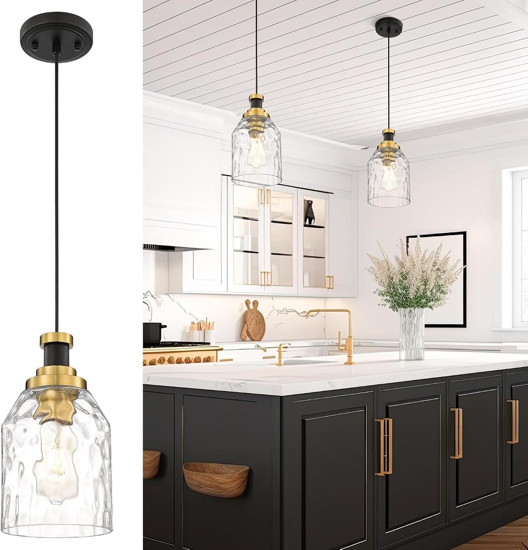 zeyu Large Pendant Lights Kitchen Island, Modern Hanging Lamp for Bedroom Living Room, Water Ripple Glass Shade, Black and Gold Finish, ZG33M1L-L BK+BG-WG