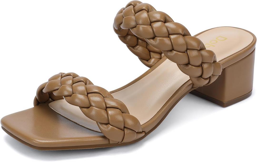 Wide Width Chunky Heels for Women Braided Dressy Sandals Square Open Toe Summer Shoes (Khaki)