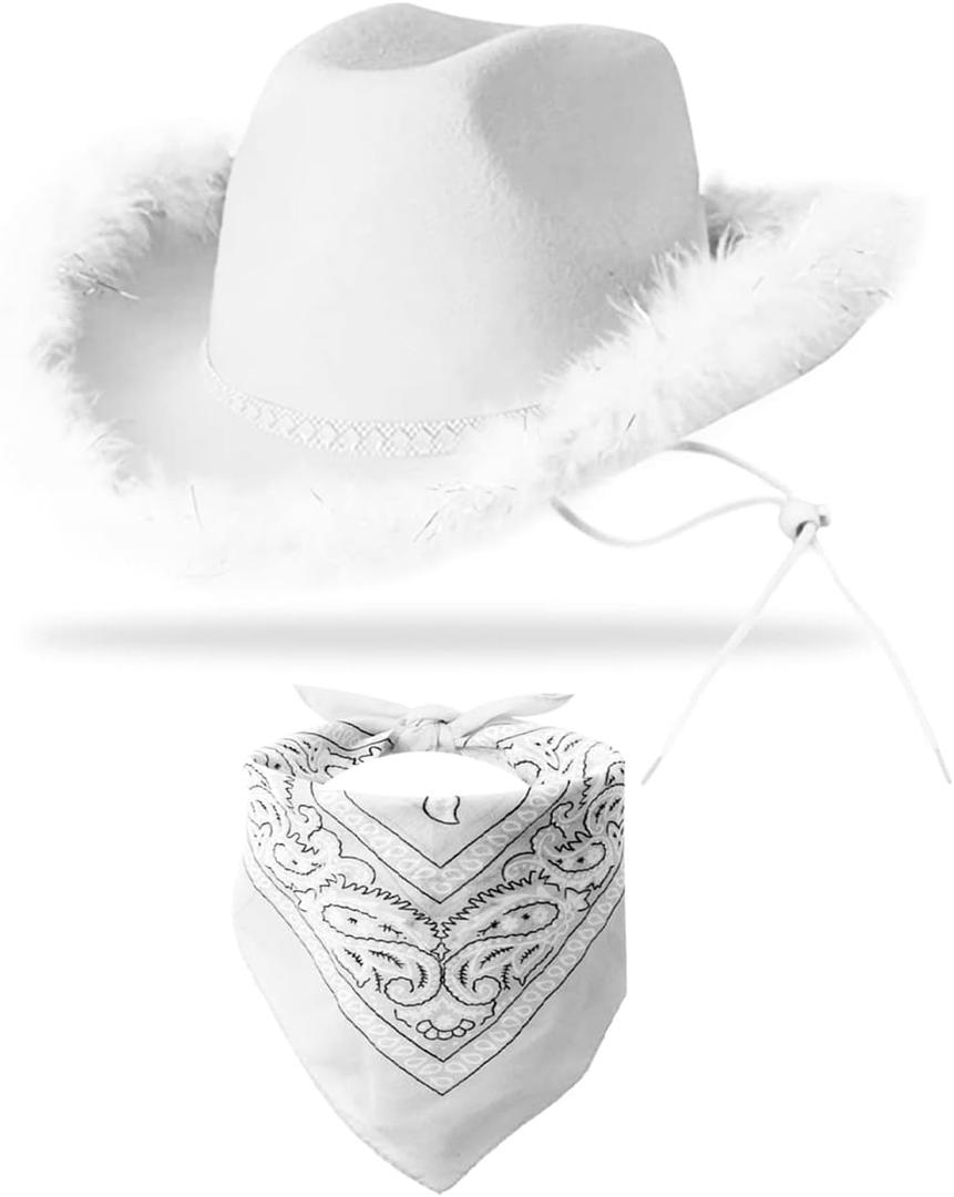 Cowboy Hat with Bandana - Feather Boa Cowgirl Hat for Women & Men,Bachelorette Party Halloween Dress-Up (Pure White)