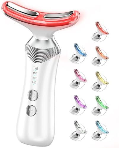 Dopsikn 9-in-1 Red-Light-Therapy-for-Face-and-Neck, Portable Facial Massager Tool with Adjustable Vibration & Thermals for Wrinkles, Double Chin, White