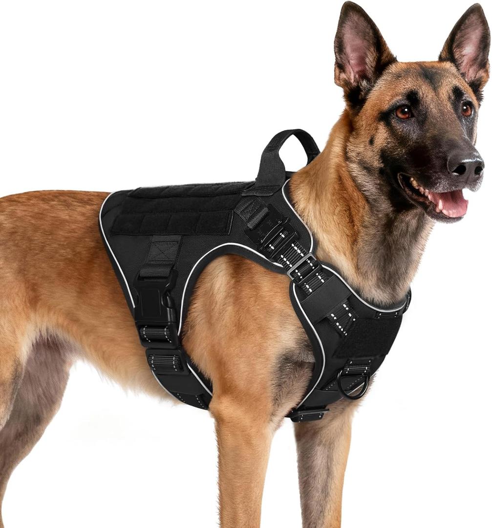 rabbitgoo Tactical Dog Harness Medium Sized, No Pull Upgraded Reflective Heavy Duty Molle Vest with Handle, Adjustable Military Service Dog Vest for Walking Hiking Training, Black, Medium