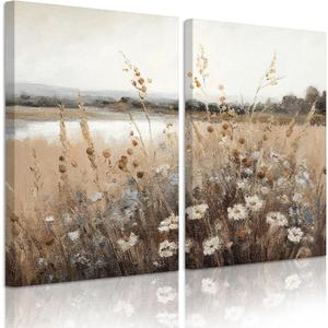 Wildflower Botanical Wall Art Decor Set of 2 Vintage Canvas Wall Decor Landscape Field Wall Art Pictures Farmhouse Prints Landscape Painting Vintage Artwork for Room Bedroom 24x36 Inch Ready to Hang