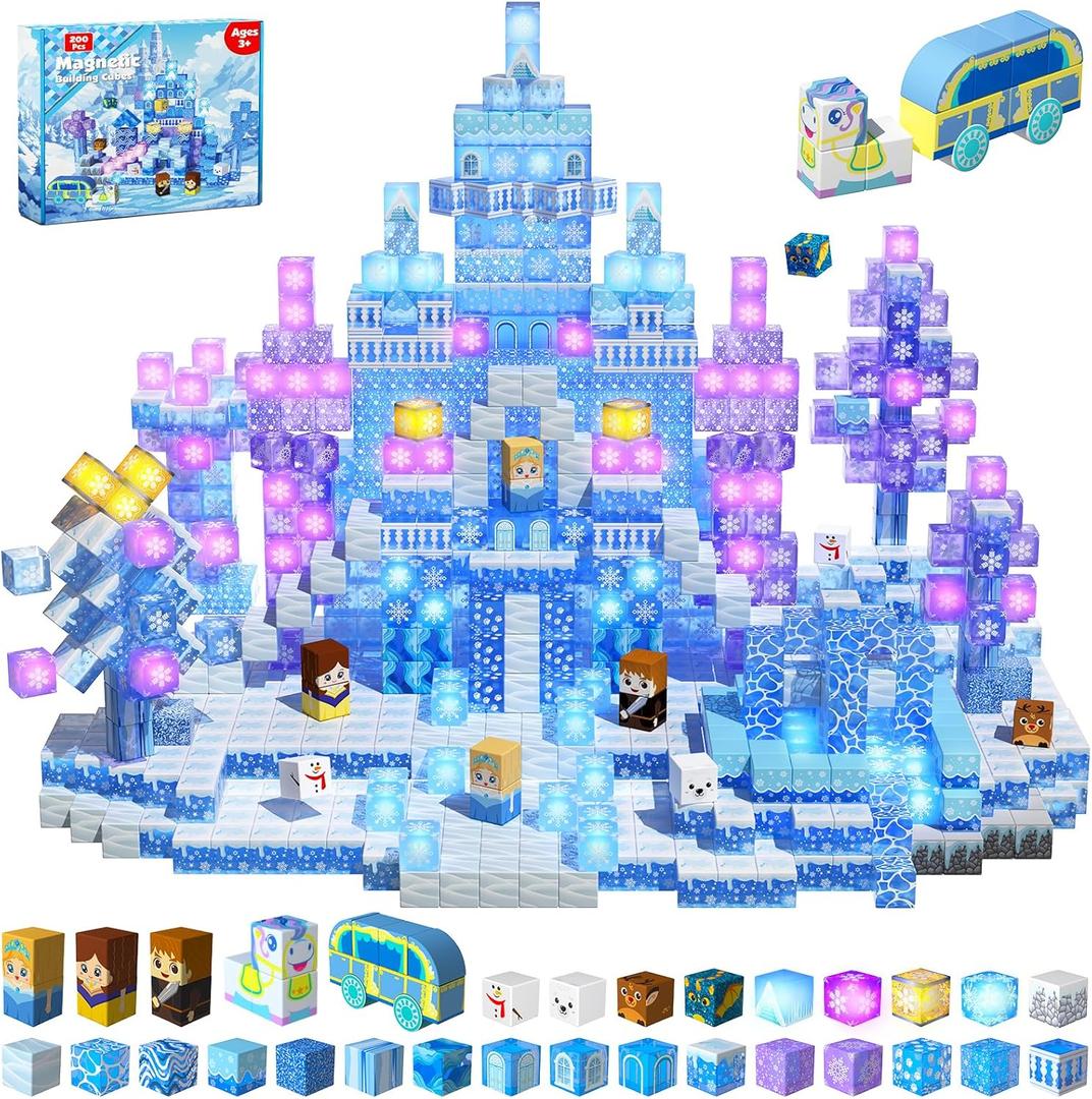 200 PCS Magnetic Blocks, Light Up & Transparent Magnetic Building Block for Blue Snow Princess Castle, Magnet Cubes Frozen Toys for Girls Age 3 4-8 8-12 Birthdays Gift for Kids, Easter Basket Stuffers